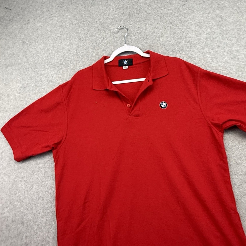 BMW Polo Shirt Mens L Large Bright Red Cotton Pique Short Sleeve Car Preppy Gold